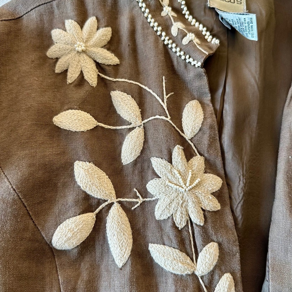 Chicos Linen‎ Taupe & Cream Floral Embroidery Jacket Size Large Chicos 2 Boho - Picture 10 of 12